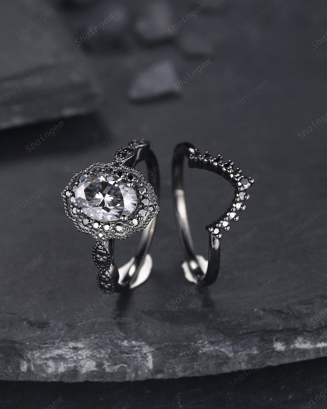 Vintage Oval Shape Gray Moissanite Halo Engagement Ring Set, 18K Black Gold Promise Ring Set, Unique Rhodium Black Moissanite Wedding Ring - ShainJewelry