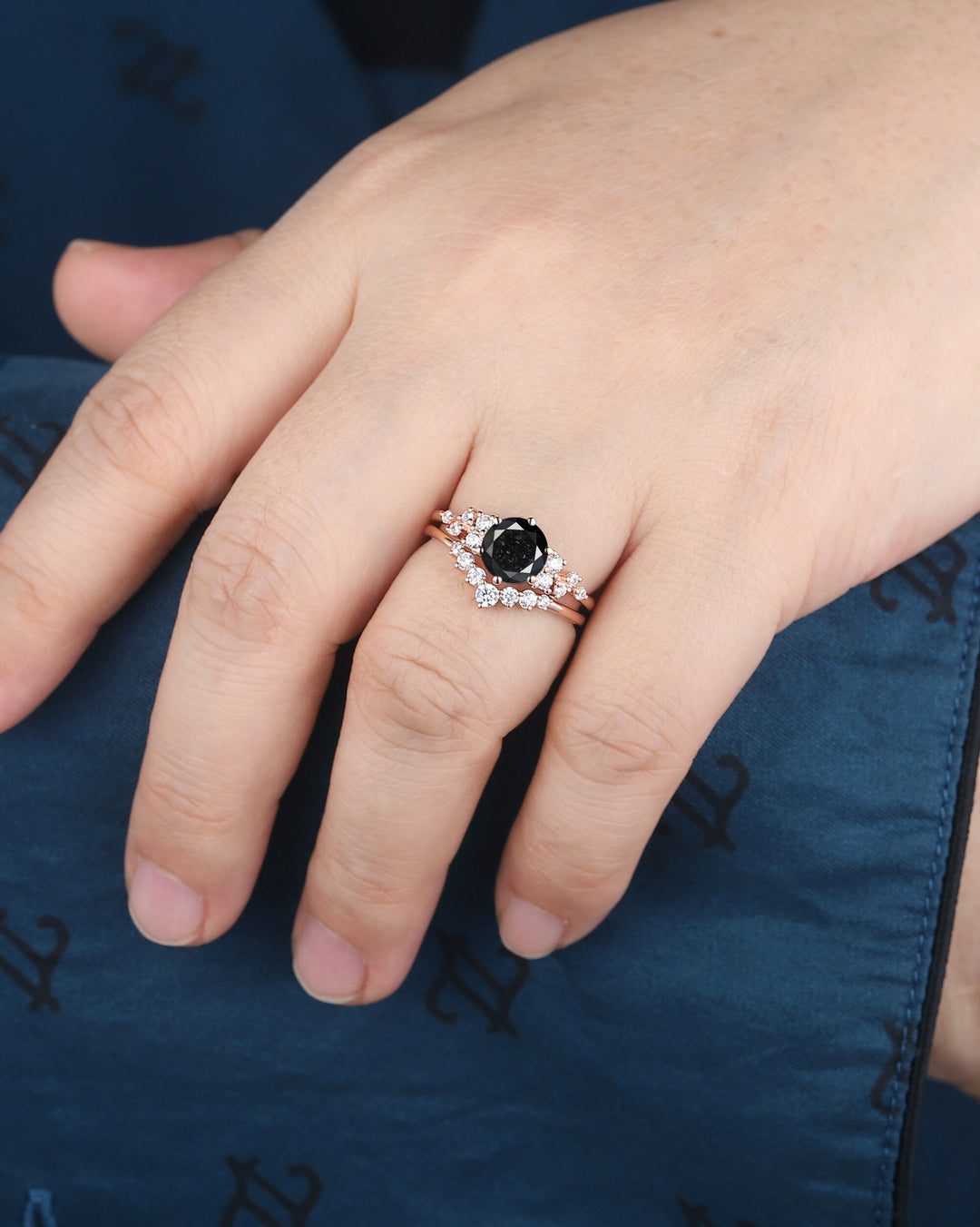 1.5 CT Round Shape Black Diamond Engagement Ring Set, 18K Rose Gold Black Diamond Promise Ring Snowdrift Wedding Anniversary Ring for Women - ShainJewelry