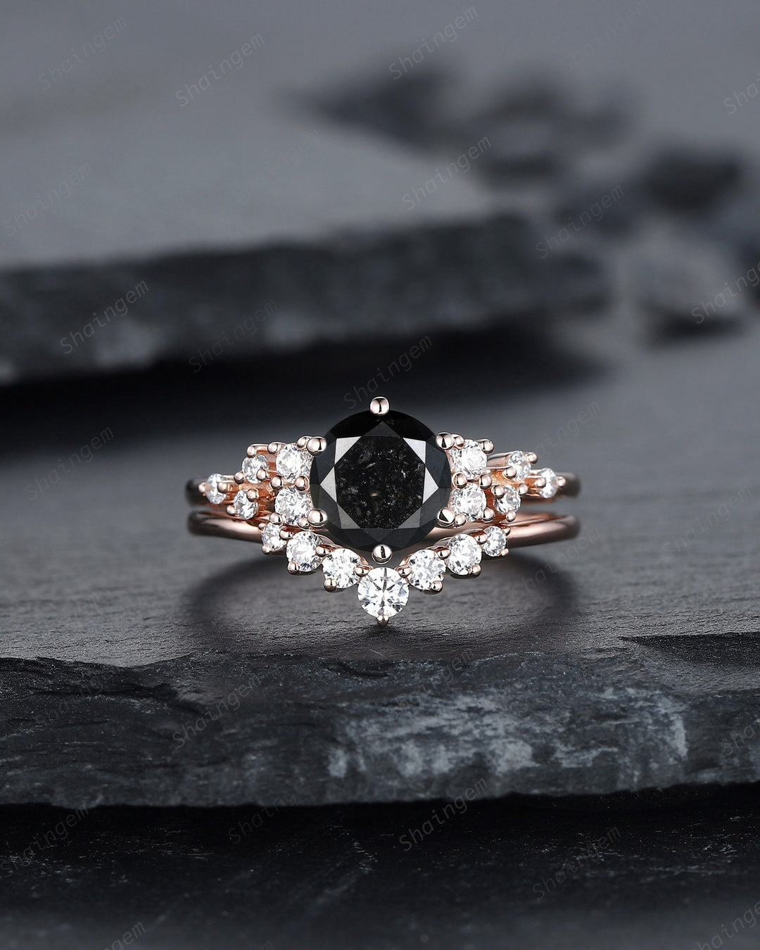 1.5 CT Round Shape Black Diamond Engagement Ring Set, 18K Rose Gold Black Diamond Promise Ring Snowdrift Wedding Anniversary Ring for Women - ShainJewelry