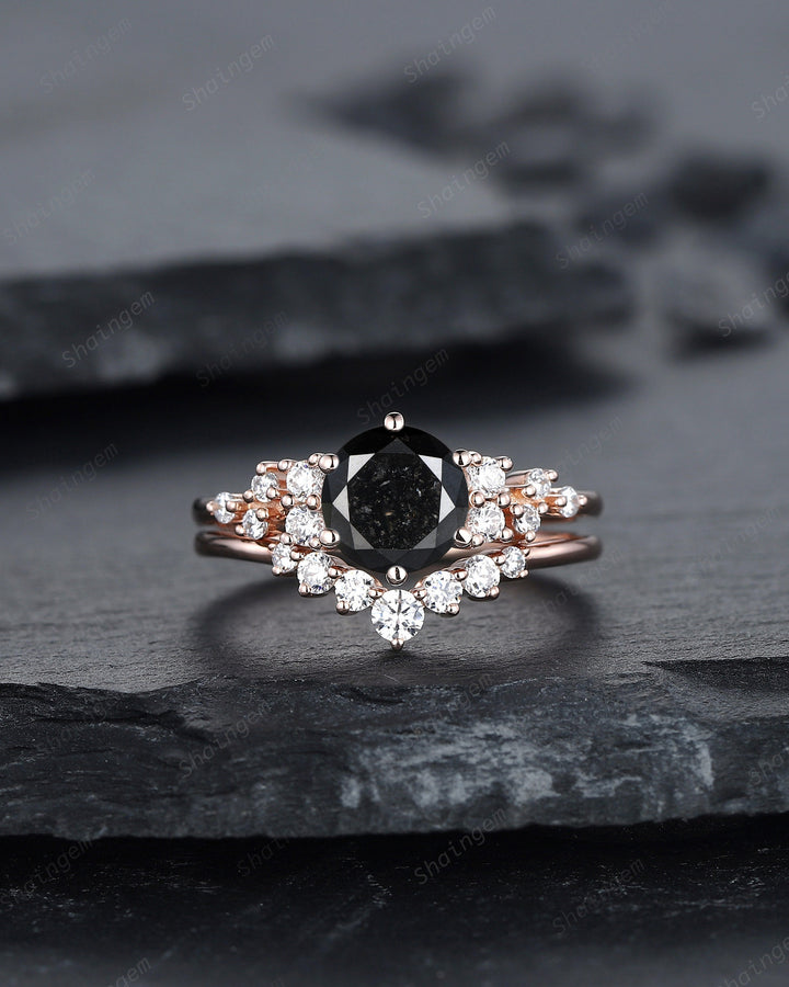 1.5 CT Round Shape Black Diamond Engagement Ring Set, 18K Rose Gold Black Diamond Promise Ring Snowdrift Wedding Anniversary Ring for Women - ShainJewelry