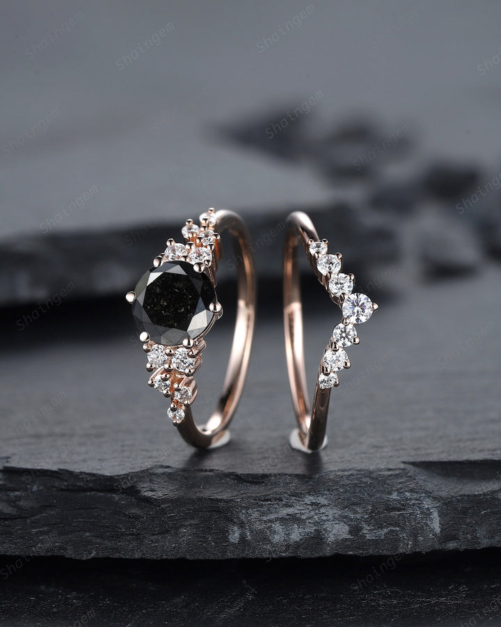 1.5 CT Round Shape Black Diamond Engagement Ring Set, 18K Rose Gold Black Diamond Promise Ring Snowdrift Wedding Anniversary Ring for Women - ShainJewelry