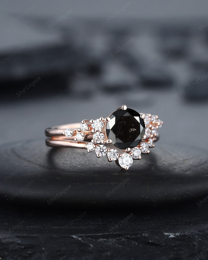 1.5 CT Round Shape Black Diamond Engagement Ring Set, 18K Rose Gold Black Diamond Promise Ring Snowdrift Wedding Anniversary Ring for Women - ShainJewelry