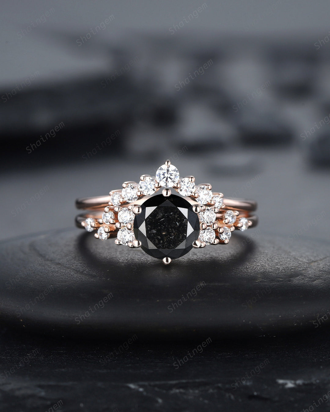 1.5 CT Round Shape Black Diamond Engagement Ring Set, 18K Rose Gold Black Diamond Promise Ring Snowdrift Wedding Anniversary Ring for Women - ShainJewelry