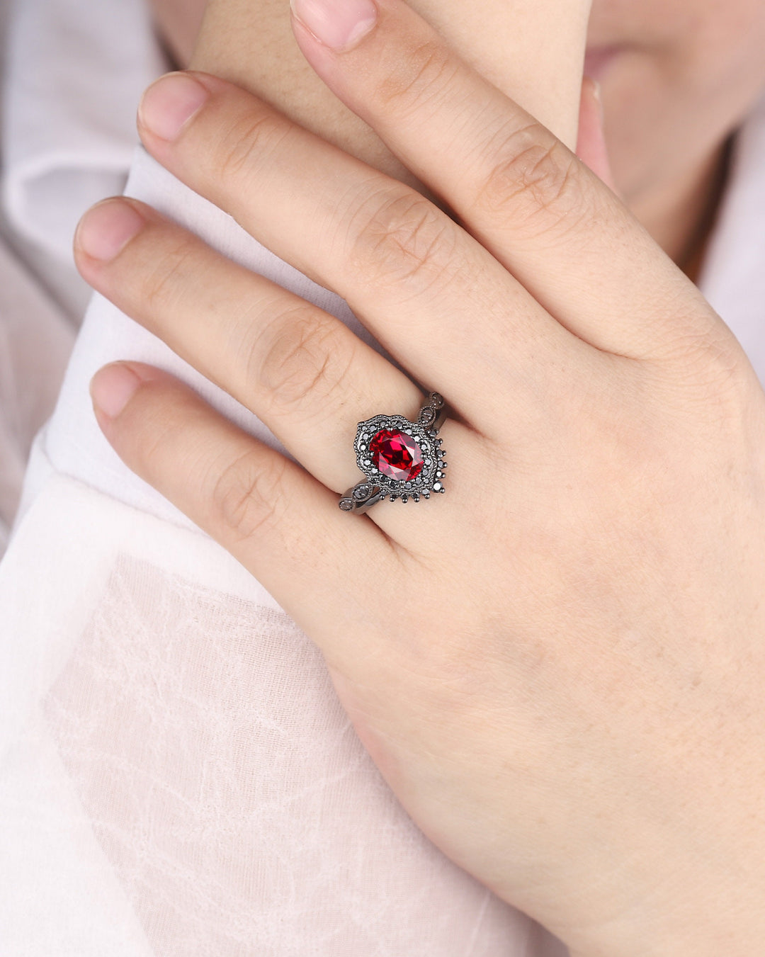 Black Gold Oval Shape Ruby Engagement Ring Set, Vintage Rhodium Black Floral Halo Promise Ring, Black Wedding Ring Gift Gothic Bridal Set - ShainJewelry