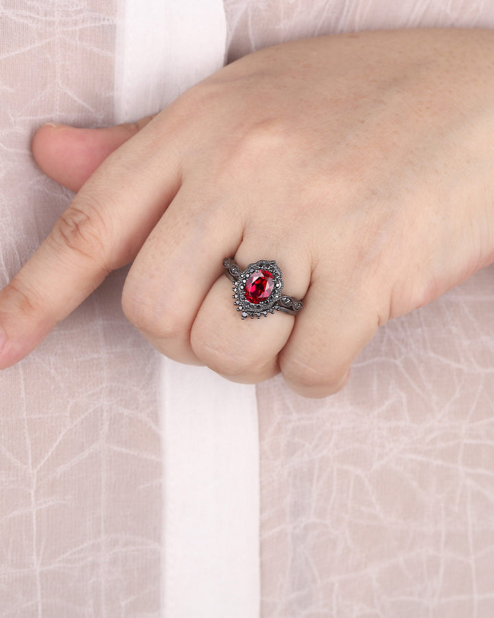 Black Gold Oval Shape Ruby Engagement Ring Set, Vintage Rhodium Black Floral Halo Promise Ring, Black Wedding Ring Gift Gothic Bridal Set - ShainJewelry