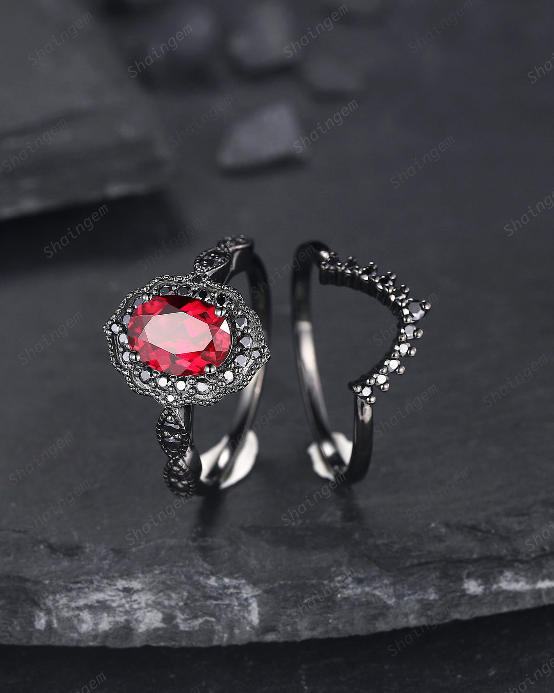 Black Gold Oval Shape Ruby Engagement Ring Set, Vintage Rhodium Black Floral Halo Promise Ring, Black Wedding Ring Gift Gothic Bridal Set - ShainJewelry