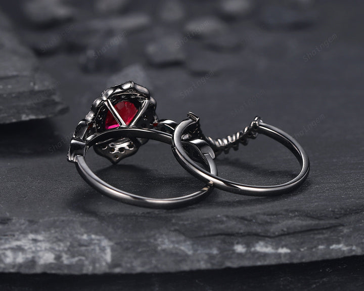 Black Gold Oval Shape Ruby Engagement Ring Set, Vintage Rhodium Black Floral Halo Promise Ring, Black Wedding Ring Gift Gothic Bridal Set - ShainJewelry