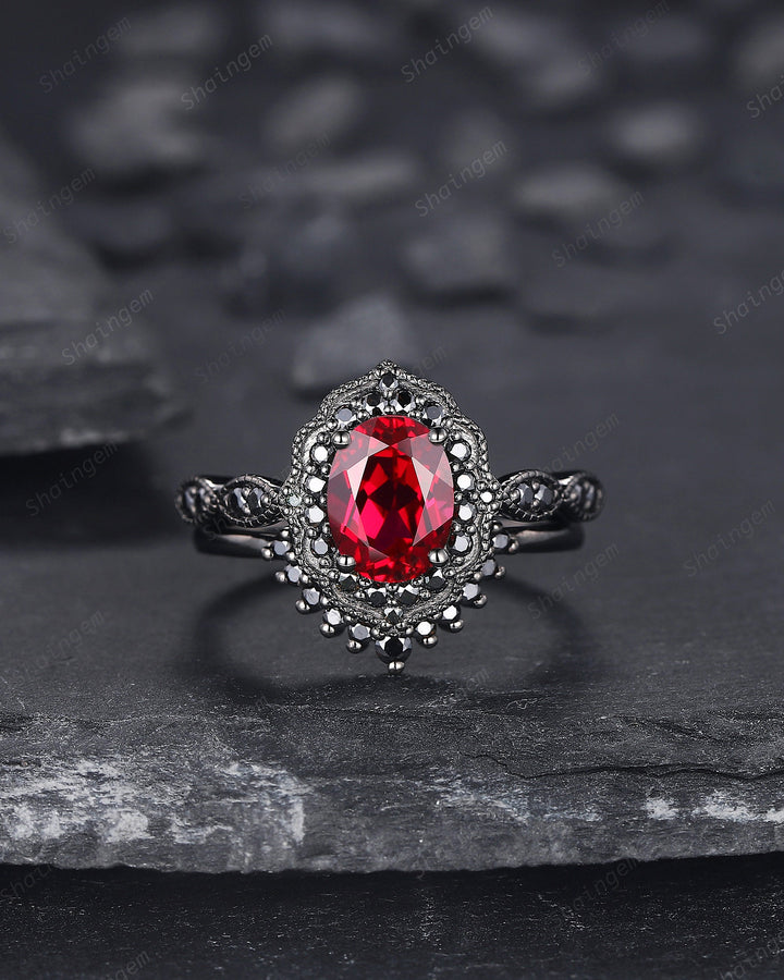 Black Gold Oval Shape Ruby Engagement Ring Set, Vintage Rhodium Black Floral Halo Promise Ring, Black Wedding Ring Gift Gothic Bridal Set - ShainJewelry