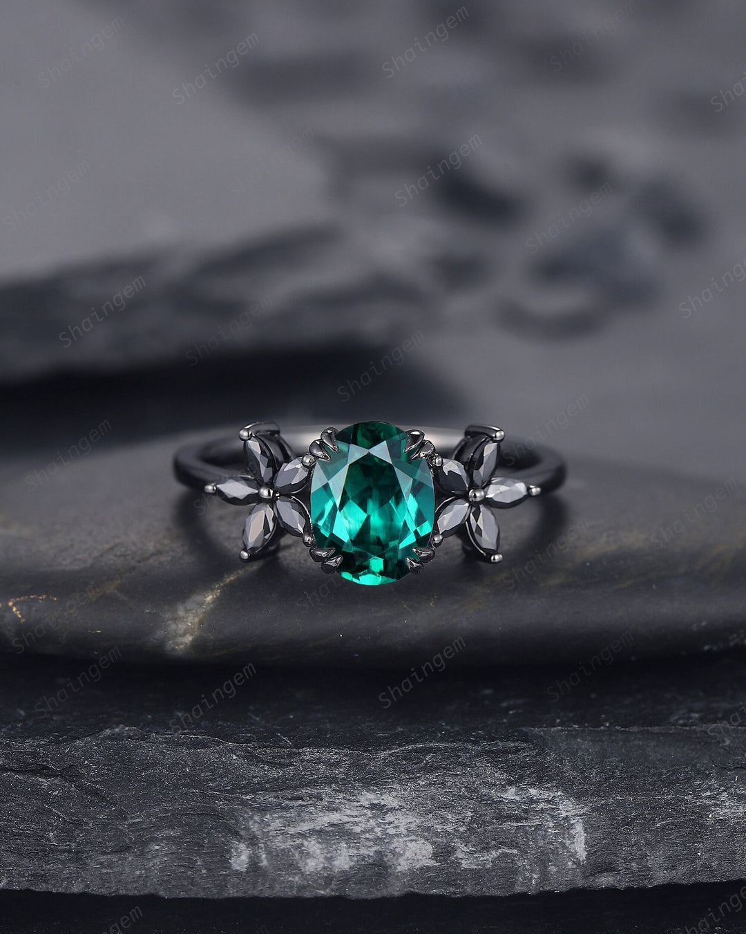 Oval Shape Emerald Cluster Black Engagement Ring, Rhodium Black Emerald Promise Ring, Black Wedding Ring, Promise Anniversary Ring Gift - ShainJewelry