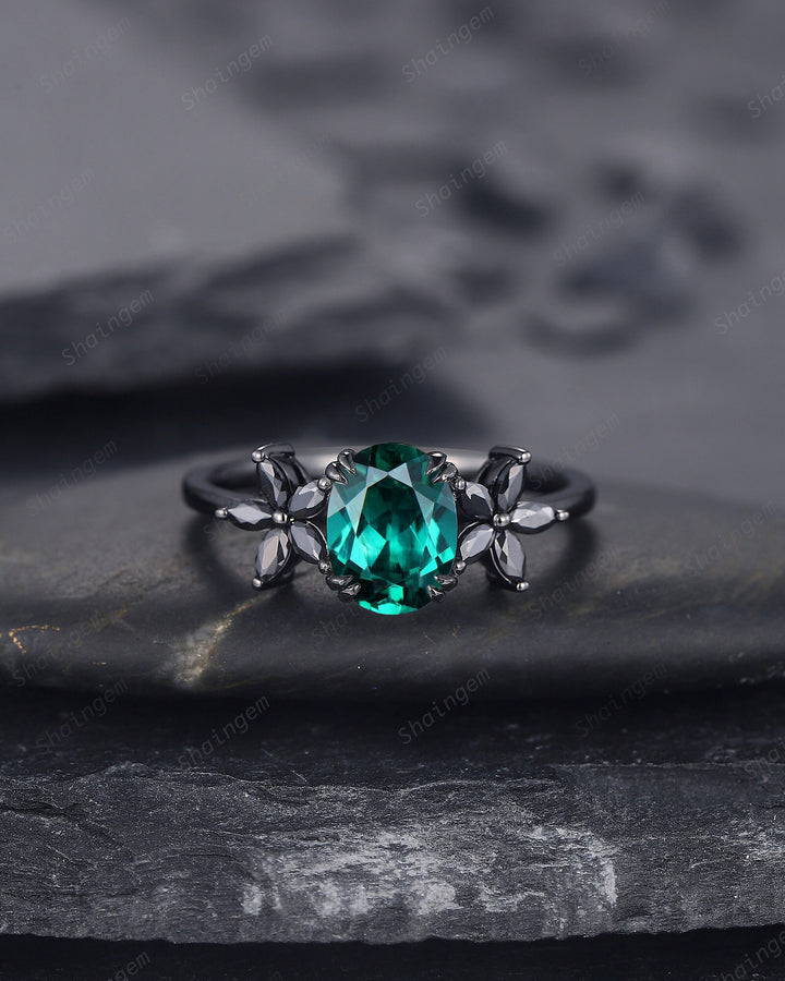 Oval Shape Emerald Cluster Black Engagement Ring, Rhodium Black Emerald Promise Ring, Black Wedding Ring, Promise Anniversary Ring Gift - ShainJewelry