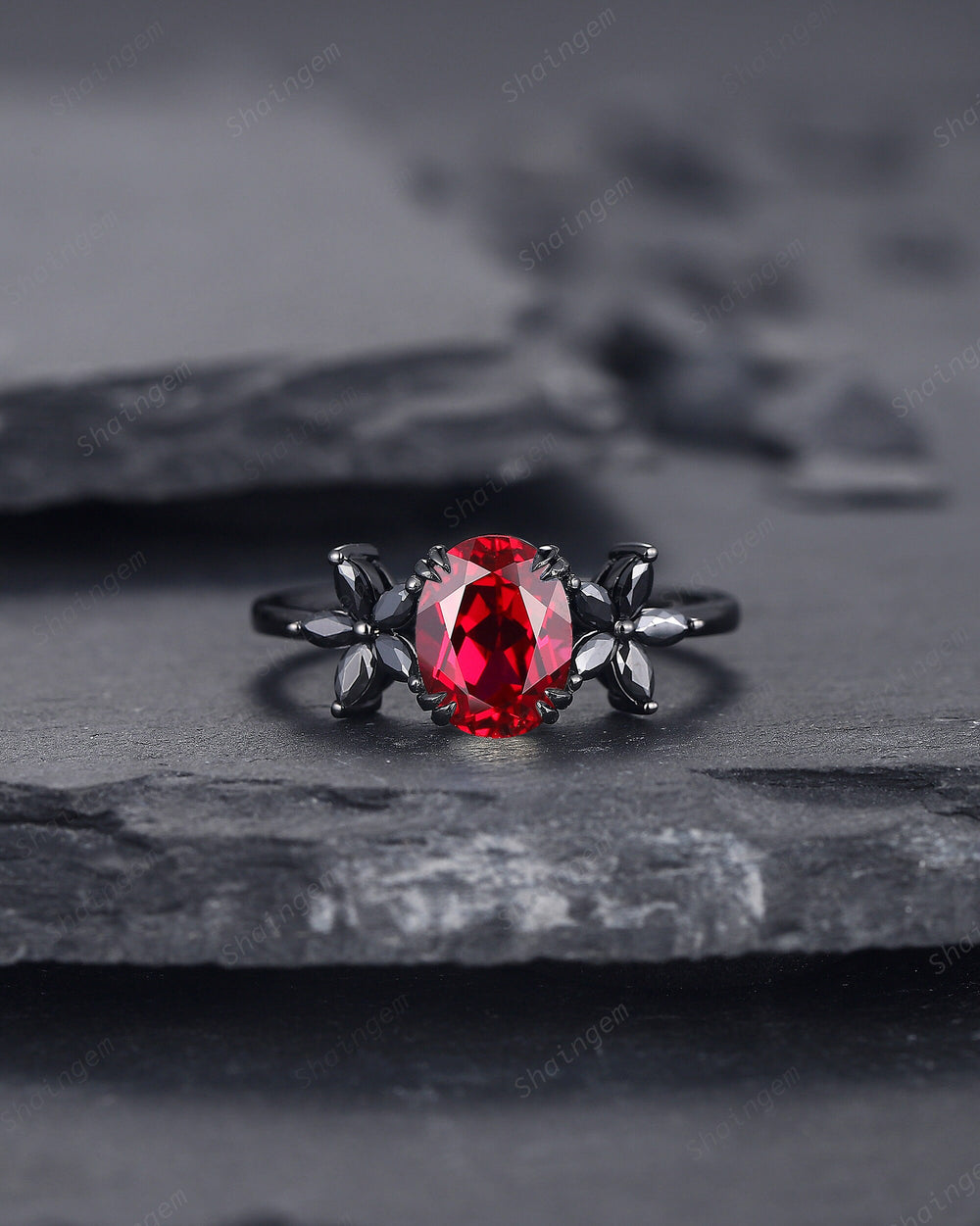 Unique Oval Shape Ruby Cluster Black Engagement Ring, Rhodium Black Ruby Promise Ring, Black Wedding Ring, Black Promise Anniversary Ring - ShainJewelry