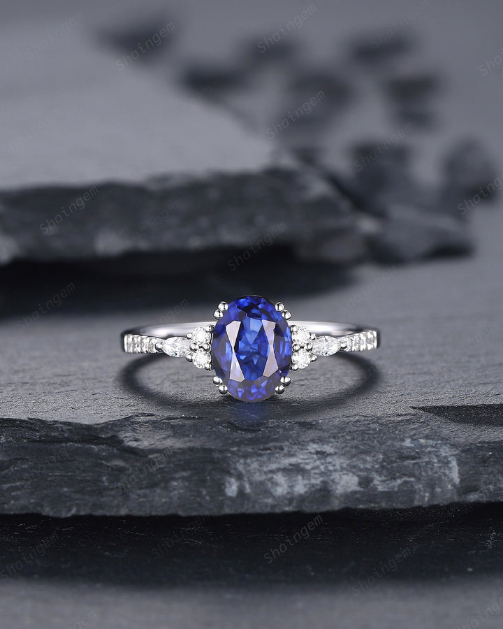 Vintage Oval Shape Natural African Sapphire Engagement Ring, 14K White Gold Blue Sapphire and Diamond Wedding Ring, Sapphire Promise Ring - ShainJewelry