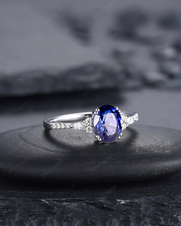 Vintage Oval Shape Natural African Sapphire Engagement Ring, 14K White Gold Blue Sapphire and Diamond Wedding Ring, Sapphire Promise Ring - ShainJewelry