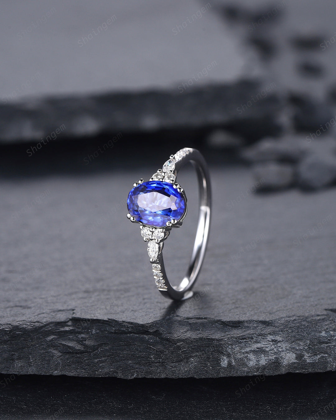 Vintage Oval Shape Natural African Sapphire Engagement Ring, 14K White Gold Blue Sapphire and Diamond Wedding Ring, Sapphire Promise Ring - ShainJewelry