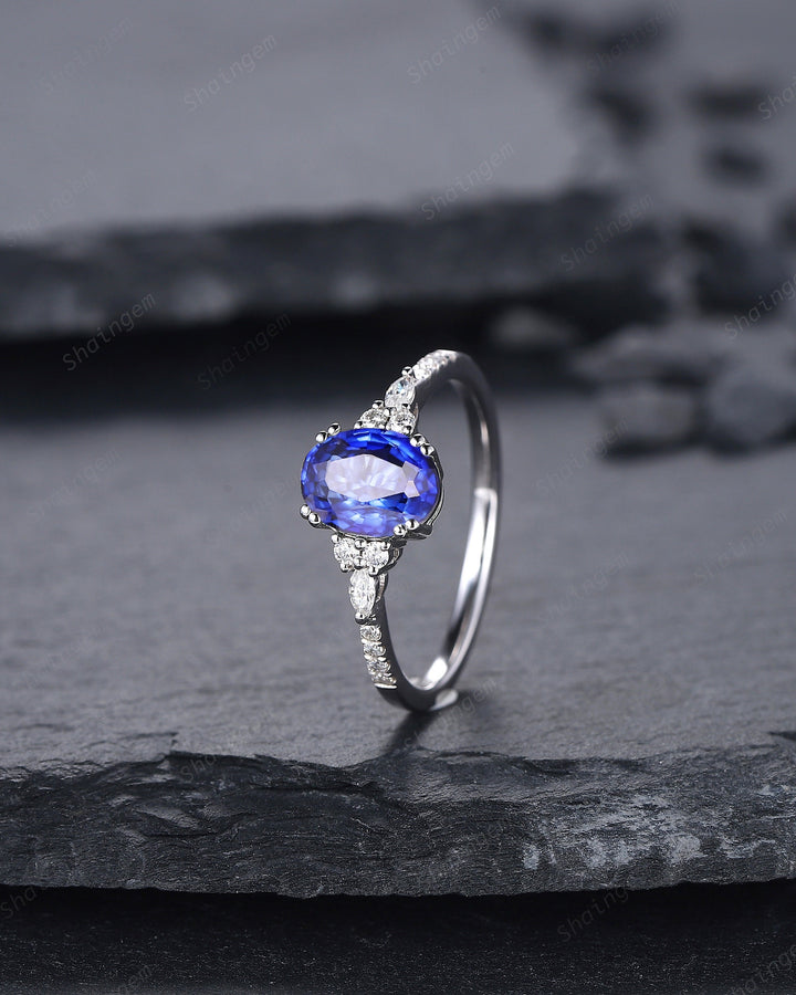 Vintage Oval Shape Natural African Sapphire Engagement Ring, 14K White Gold Blue Sapphire and Diamond Wedding Ring, Sapphire Promise Ring - ShainJewelry
