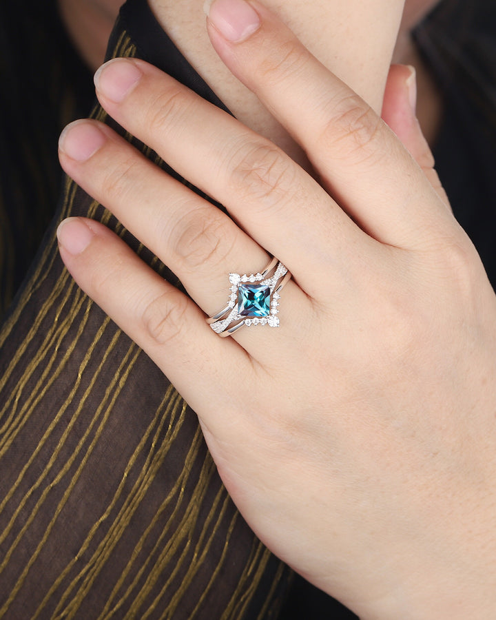 3PCS Princess Cut Alexandrite Engagement Ring Set, Art Deco Alexandrite Wedding Set, Vintage 14K 18K White Gold Promise Ring Gift Bridal Set - ShainJewelry