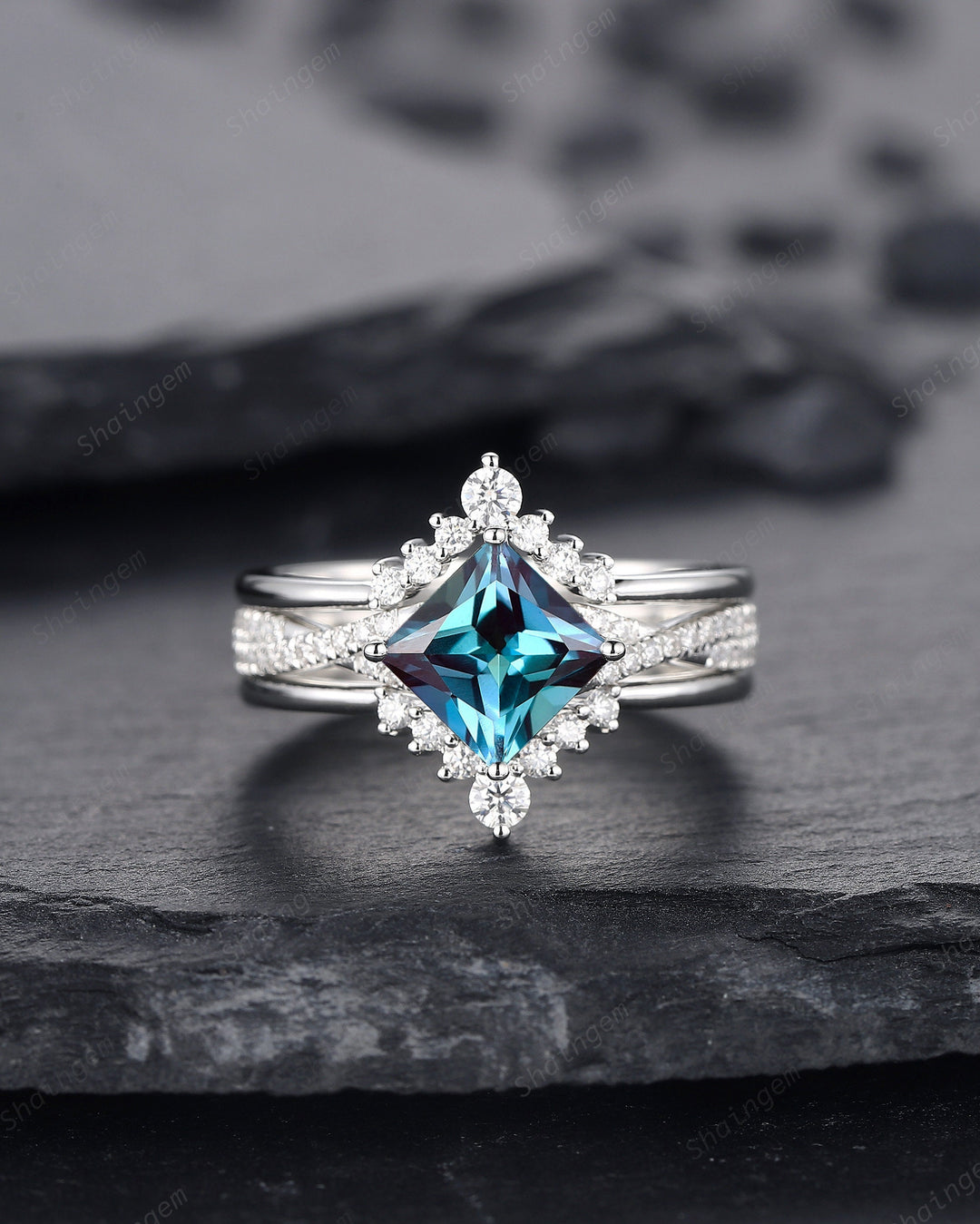 3PCS Princess Cut Alexandrite Engagement Ring Set, Art Deco Alexandrite Wedding Set, Vintage 14K 18K White Gold Promise Ring Gift Bridal Set - ShainJewelry