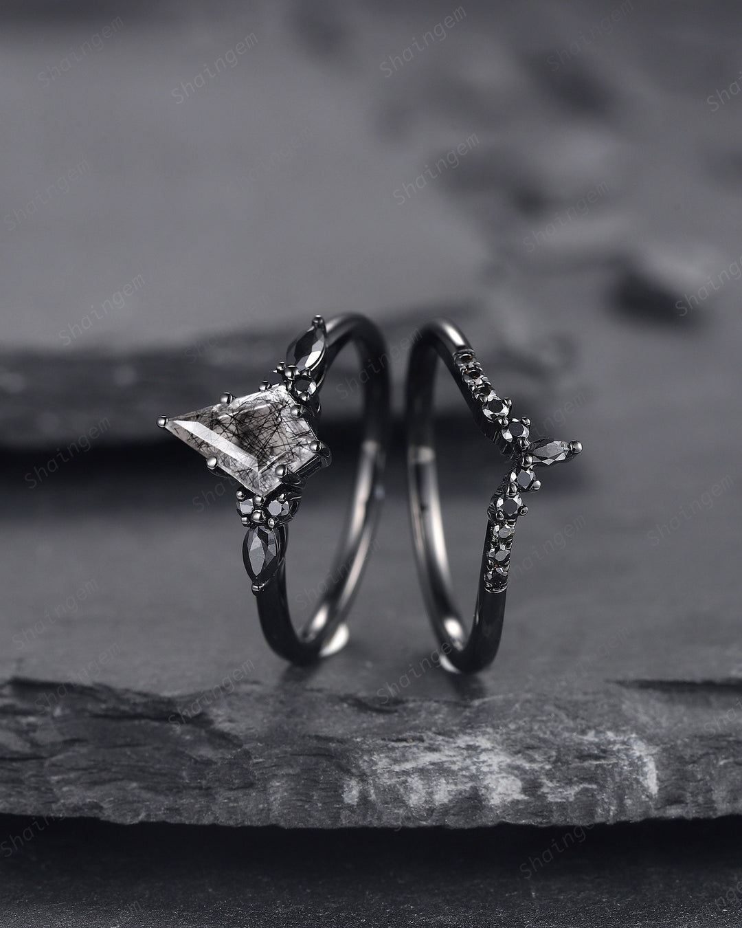 Black Gold Kite Cut Black Rutilated Quartz Engagement Ring Set, Witchy Black Promise Ring, Black Wedding Ring Set, Goth Black Bridal Set - ShainJewelry