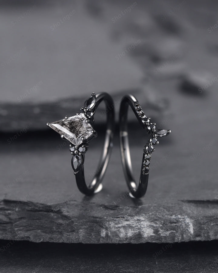 Black Gold Kite Cut Black Rutilated Quartz Engagement Ring Set, Witchy Black Promise Ring, Black Wedding Ring Set, Goth Black Bridal Set - ShainJewelry
