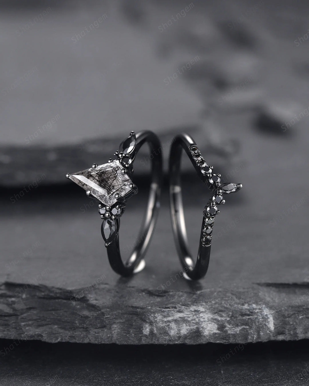Gothic Kite Cut Black Rutilated Quartz Engagement Ring Set, Witchy Black Rhodium Promise Ring, Black Wedding Ring Set, Goth Black Bridal Set - ShainJewelry