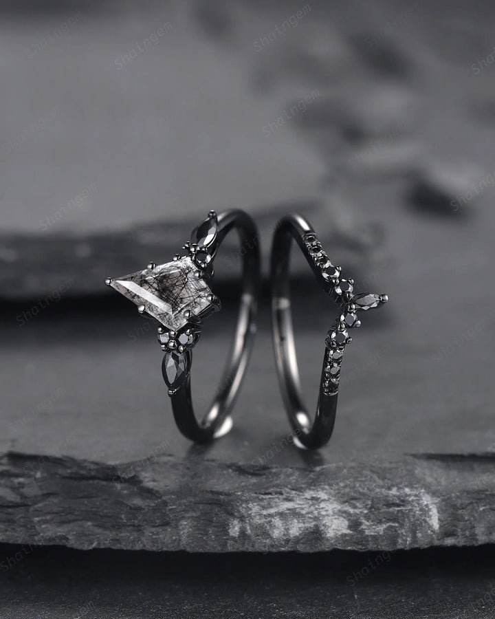 Gothic Kite Cut Black Rutilated Quartz Engagement Ring Set, Witchy Black Rhodium Promise Ring, Black Wedding Ring Set, Goth Black Bridal Set - ShainJewelry