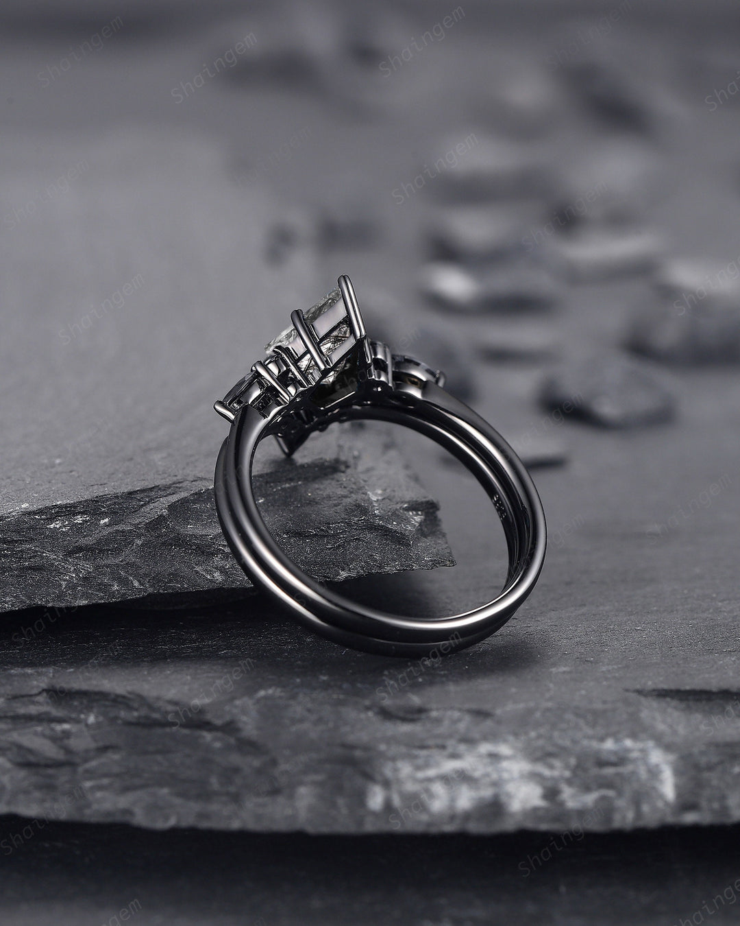 Black Gold Kite Cut Black Rutilated Quartz Engagement Ring Set, Witchy Black Promise Ring, Black Wedding Ring Set, Goth Black Bridal Set - ShainJewelry