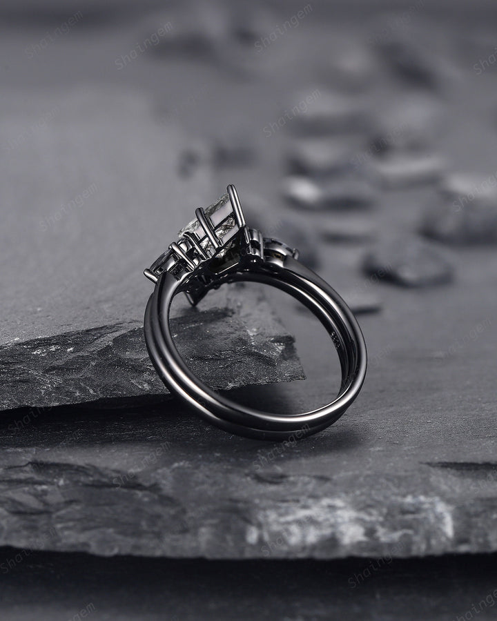 Black Gold Kite Cut Black Rutilated Quartz Engagement Ring Set, Witchy Black Promise Ring, Black Wedding Ring Set, Goth Black Bridal Set - ShainJewelry