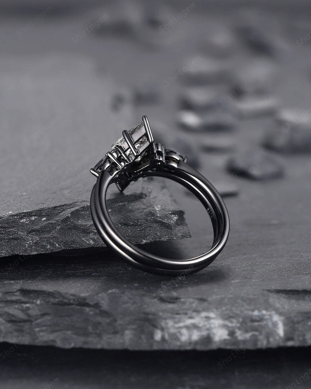 Gothic Kite Cut Black Rutilated Quartz Engagement Ring Set, Witchy Black Rhodium Promise Ring, Black Wedding Ring Set, Goth Black Bridal Set - ShainJewelry