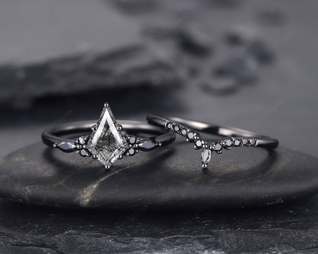 Black Gold Kite Cut Black Rutilated Quartz Engagement Ring Set, Witchy Black Promise Ring, Black Wedding Ring Set, Goth Black Bridal Set - ShainJewelry