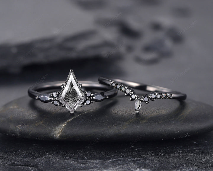 Black Gold Kite Cut Black Rutilated Quartz Engagement Ring Set, Witchy Black Promise Ring, Black Wedding Ring Set, Goth Black Bridal Set - ShainJewelry