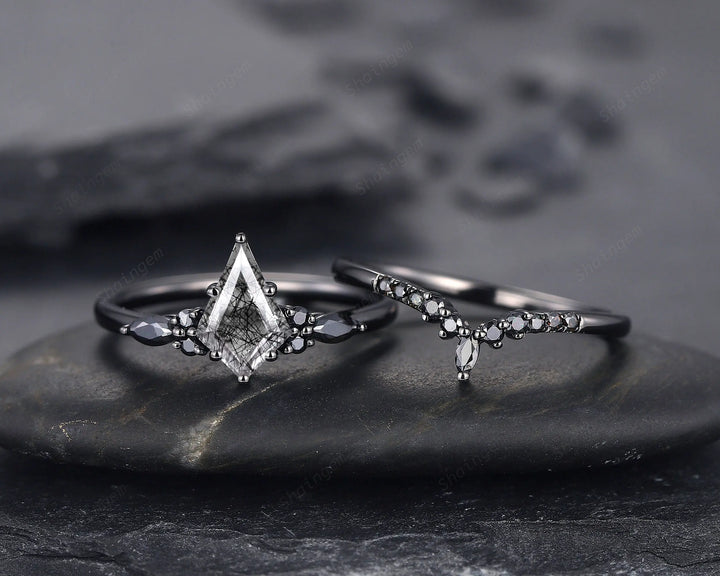 Gothic Kite Cut Black Rutilated Quartz Engagement Ring Set, Witchy Black Rhodium Promise Ring, Black Wedding Ring Set, Goth Black Bridal Set - ShainJewelry
