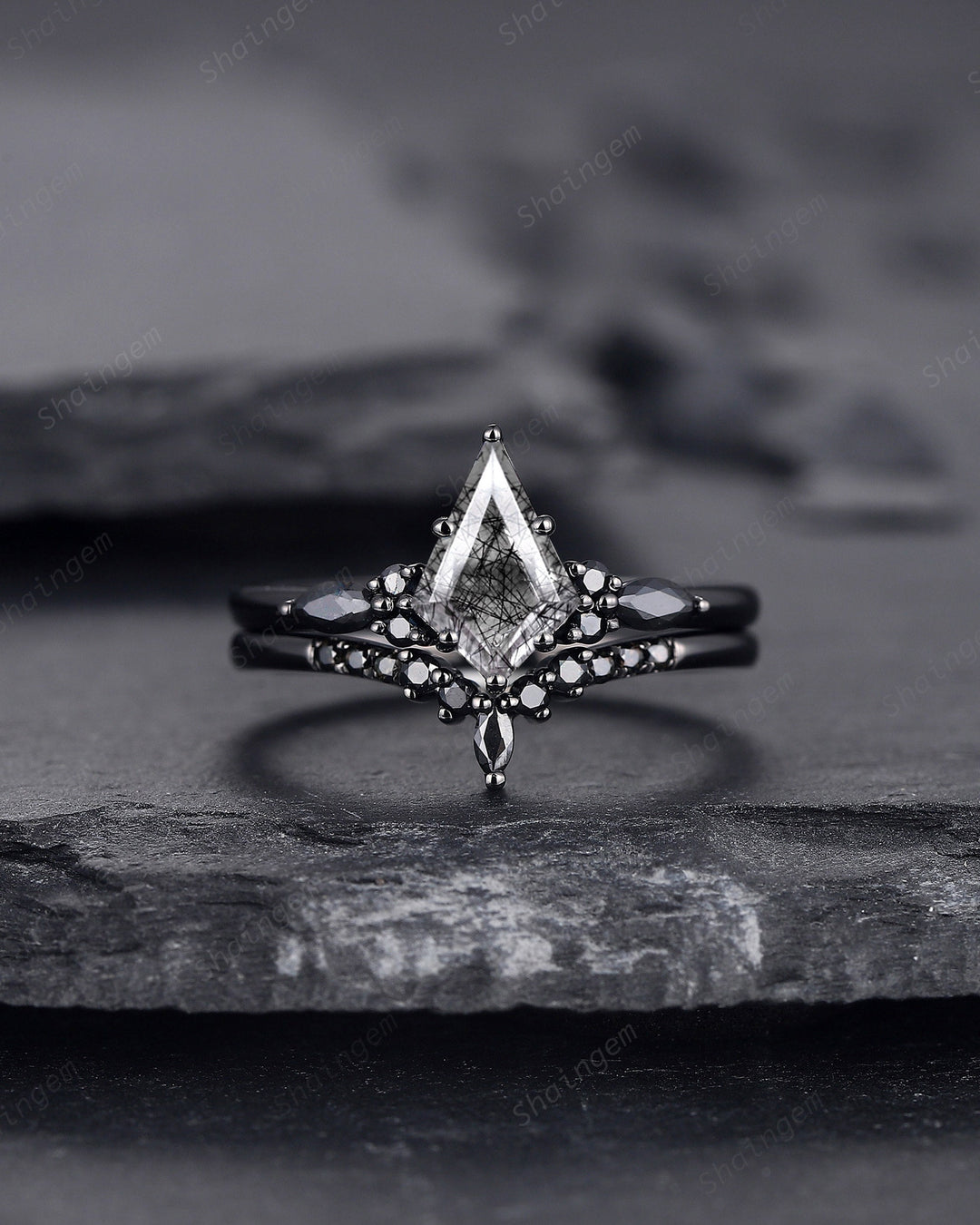 Black Gold Kite Cut Black Rutilated Quartz Engagement Ring Set, Witchy Black Promise Ring, Black Wedding Ring Set, Goth Black Bridal Set - ShainJewelry