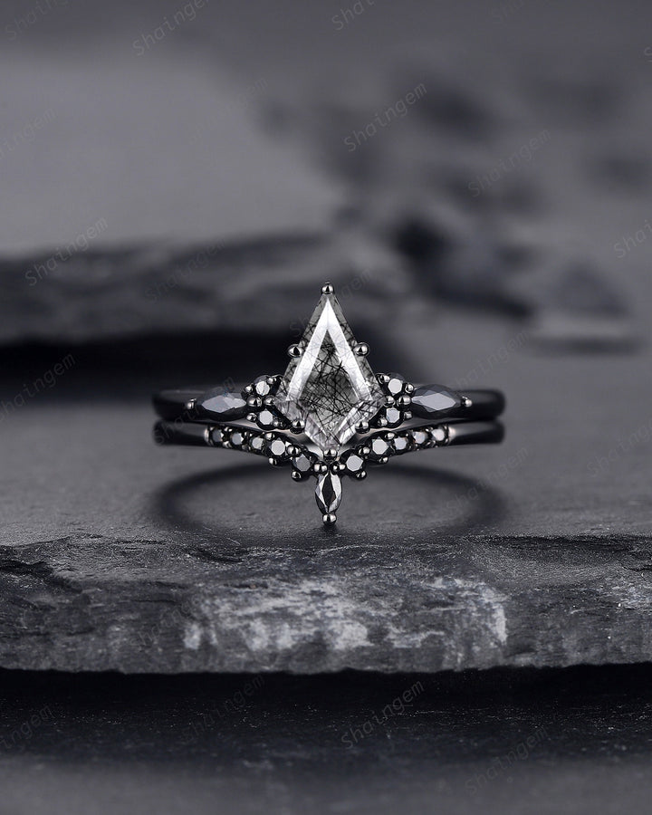 Black Gold Kite Cut Black Rutilated Quartz Engagement Ring Set, Witchy Black Promise Ring, Black Wedding Ring Set, Goth Black Bridal Set - ShainJewelry