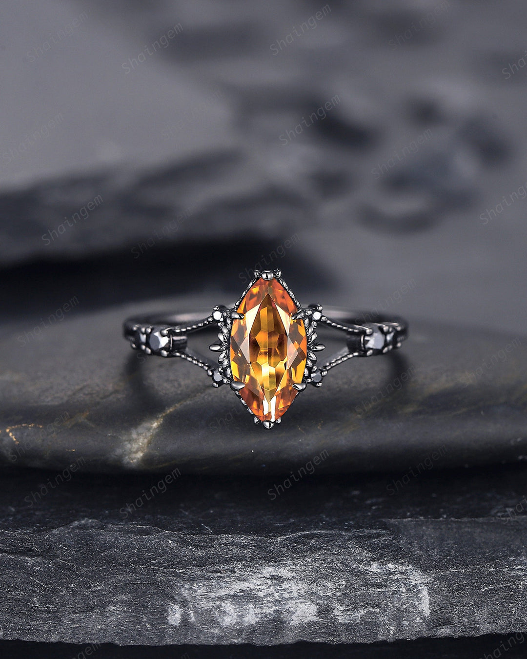 Black Gold Vermeil Marquise Citrine Engagement Ring, Rhodium Black Citrine Promise Ring, Black Wedding Ring, Gothic Anniversary Ring Gift - ShainJewelry