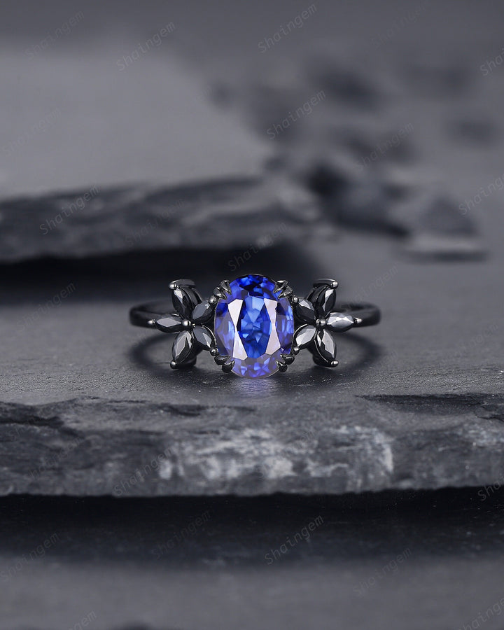 Unique Oval Shape Natural African Blue Sapphire Cluster Black Engagement Ring, Rhodium Black Promise Ring, Black Wedding Ring Gift for Women - ShainJewelry