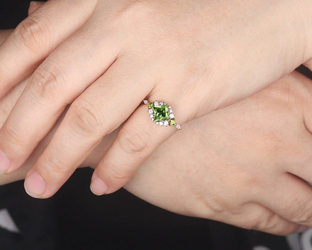 Vintage Princess Cut Peridot Floral Engagement Ring, Rose Gold Cluster Peridot Wedding Ring, Unique Promise Anniversary Ring Gift for Women - ShainJewelry