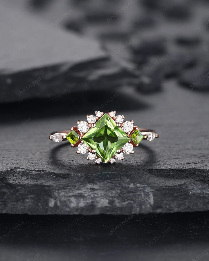 Vintage Princess Cut Peridot Floral Engagement Ring, Rose Gold Cluster Peridot Wedding Ring, Unique Promise Anniversary Ring Gift for Women - ShainJewelry