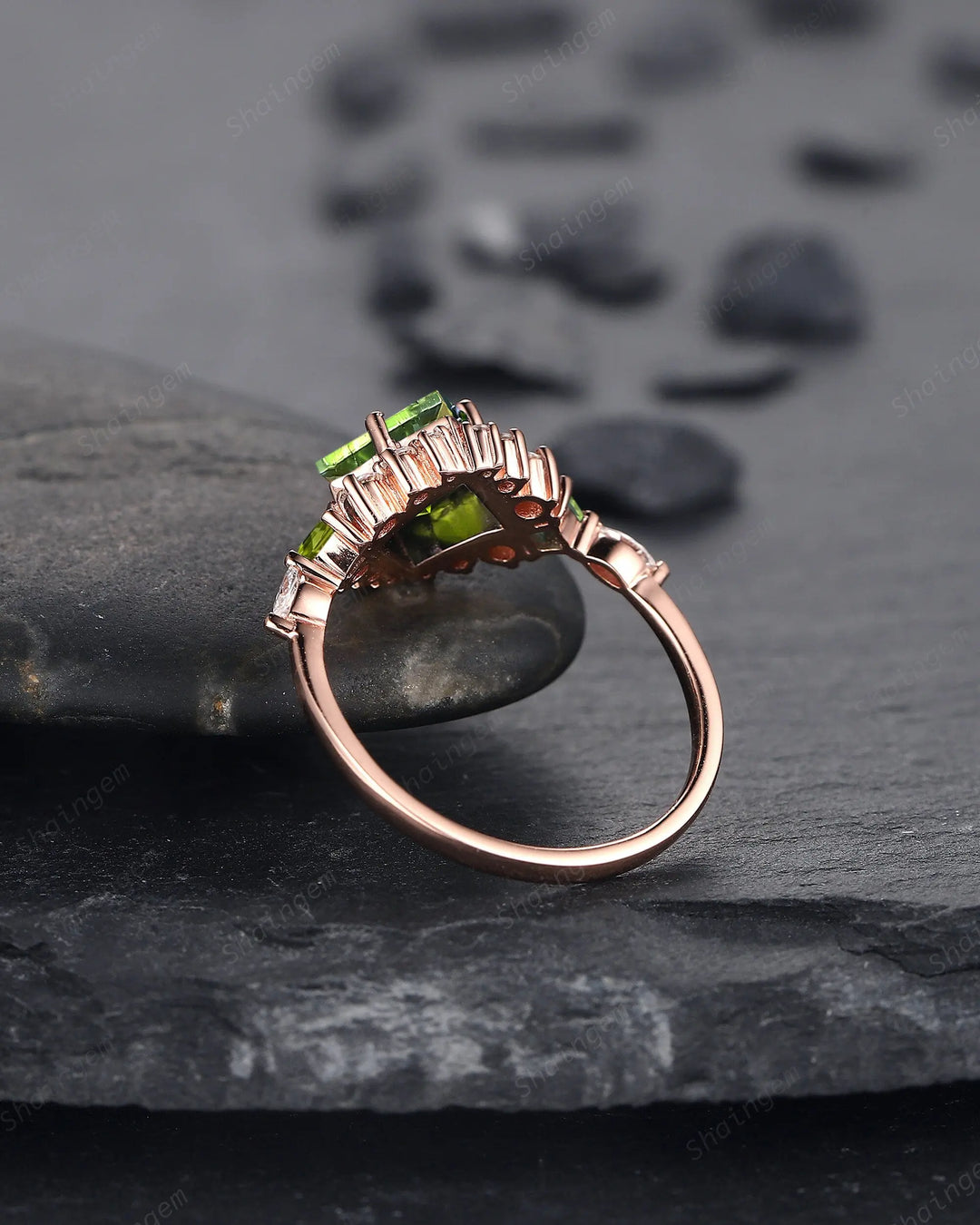 Vintage Princess Cut Peridot Floral Engagement Ring, Rose Gold Cluster Peridot Wedding Ring, Unique Promise Anniversary Ring Gift for Women - ShainJewelry