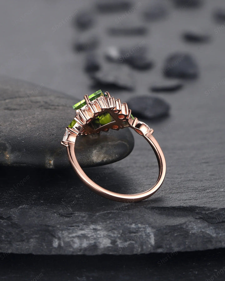Vintage Princess Cut Peridot Floral Engagement Ring, Rose Gold Cluster Peridot Wedding Ring, Unique Promise Anniversary Ring Gift for Women - ShainJewelry