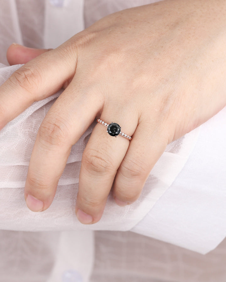 1.5 CT Natural Black Diamond Engagement Ring, Round Shape Diamond Promise Ring Diamond Wedding Ring 18K Rose Gold Anniversary Ring for Women - ShainJewelry