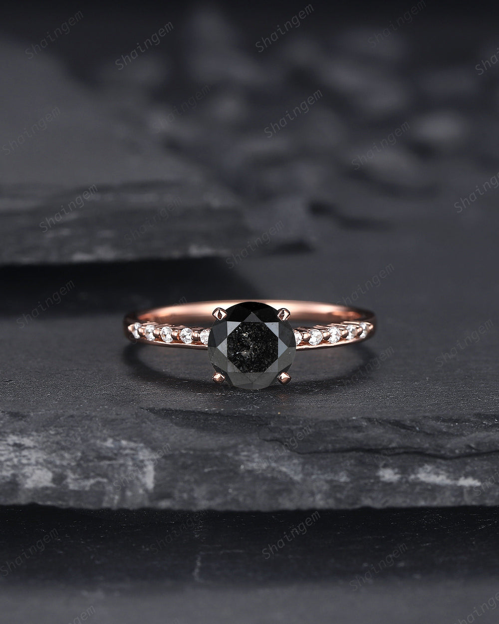 1.5 CT Natural Black Diamond Engagement Ring, Round Shape Diamond Promise Ring Diamond Wedding Ring 18K Rose Gold Anniversary Ring for Women - ShainJewelry