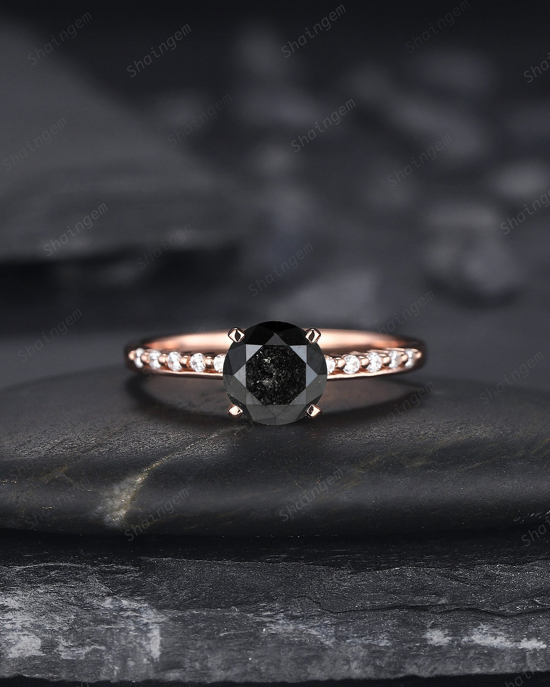 1.5 CT Natural Black Diamond Engagement Ring, Round Shape Diamond Promise Ring Diamond Wedding Ring 18K Rose Gold Anniversary Ring for Women - ShainJewelry