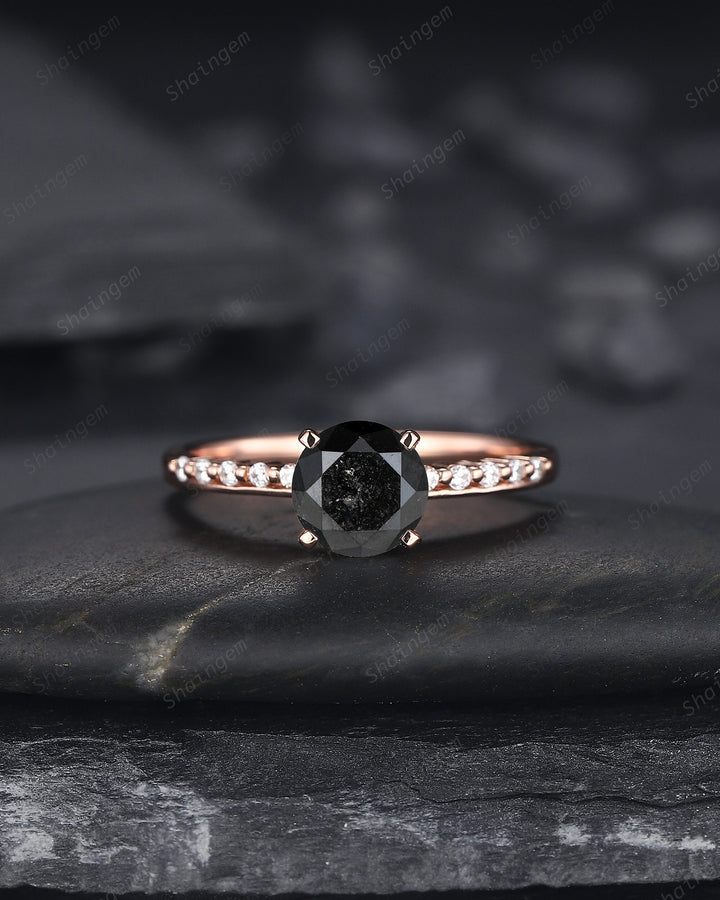 1.5 CT Natural Black Diamond Engagement Ring, Round Shape Diamond Promise Ring Diamond Wedding Ring 18K Rose Gold Anniversary Ring for Women - ShainJewelry