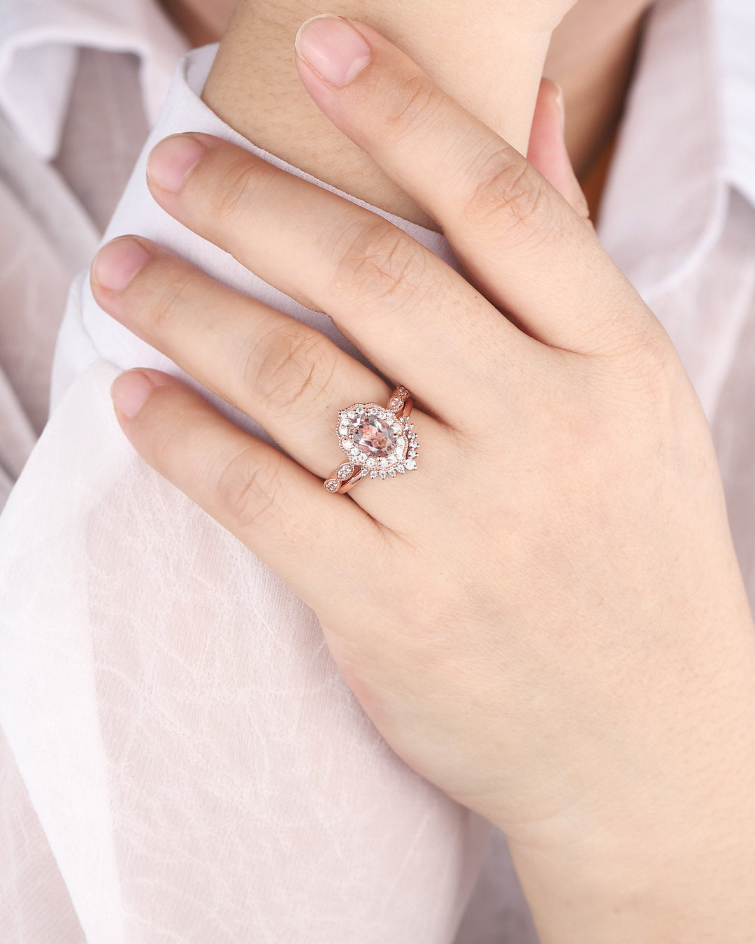 Vintage Oval Shape Pink Morganite and Diamond Engagement Ring Set, 14K Rose Gold Morganite Wedding Set, Floral Halo Morganite Promise Ring - ShainJewelry
