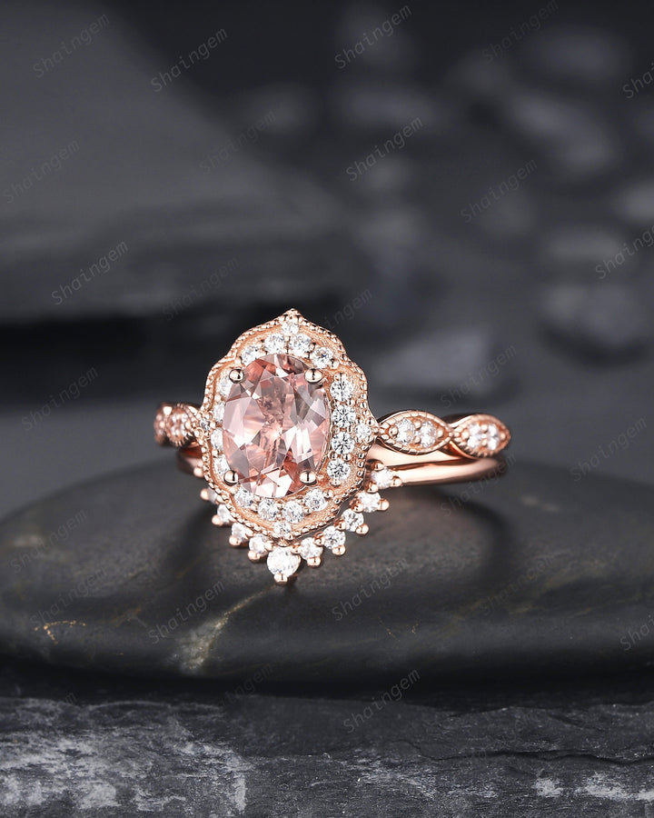 Vintage Oval Shape Pink Morganite and Diamond Engagement Ring Set, 14K Rose Gold Morganite Wedding Set, Floral Halo Morganite Promise Ring - ShainJewelry