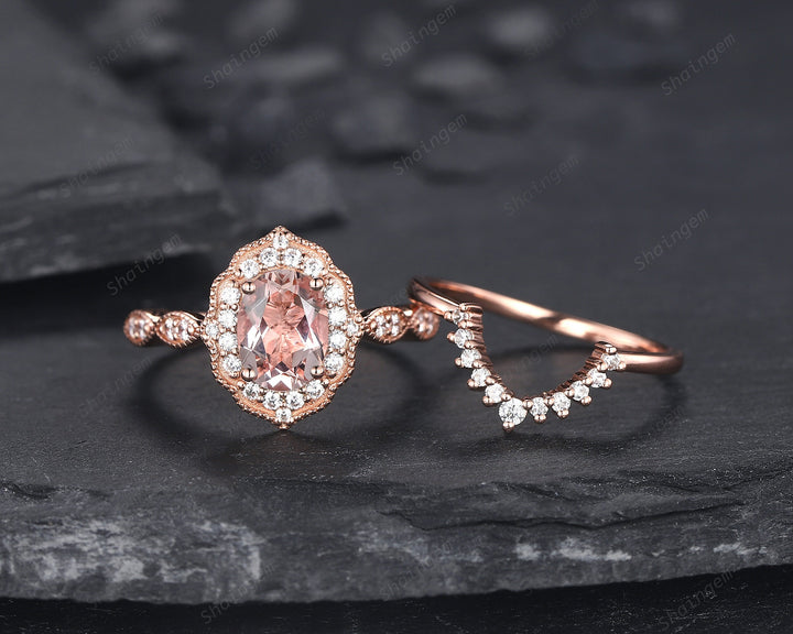 Vintage Oval Shape Pink Morganite and Diamond Engagement Ring Set, 14K Rose Gold Morganite Wedding Set, Floral Halo Morganite Promise Ring - ShainJewelry