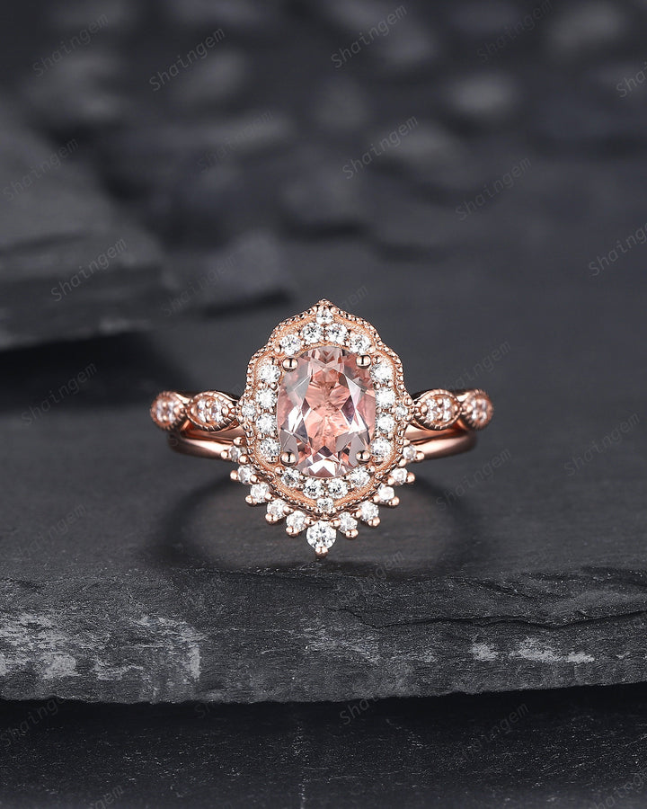 Vintage Oval Shape Pink Morganite and Diamond Engagement Ring Set, 14K Rose Gold Morganite Wedding Set, Floral Halo Morganite Promise Ring - ShainJewelry