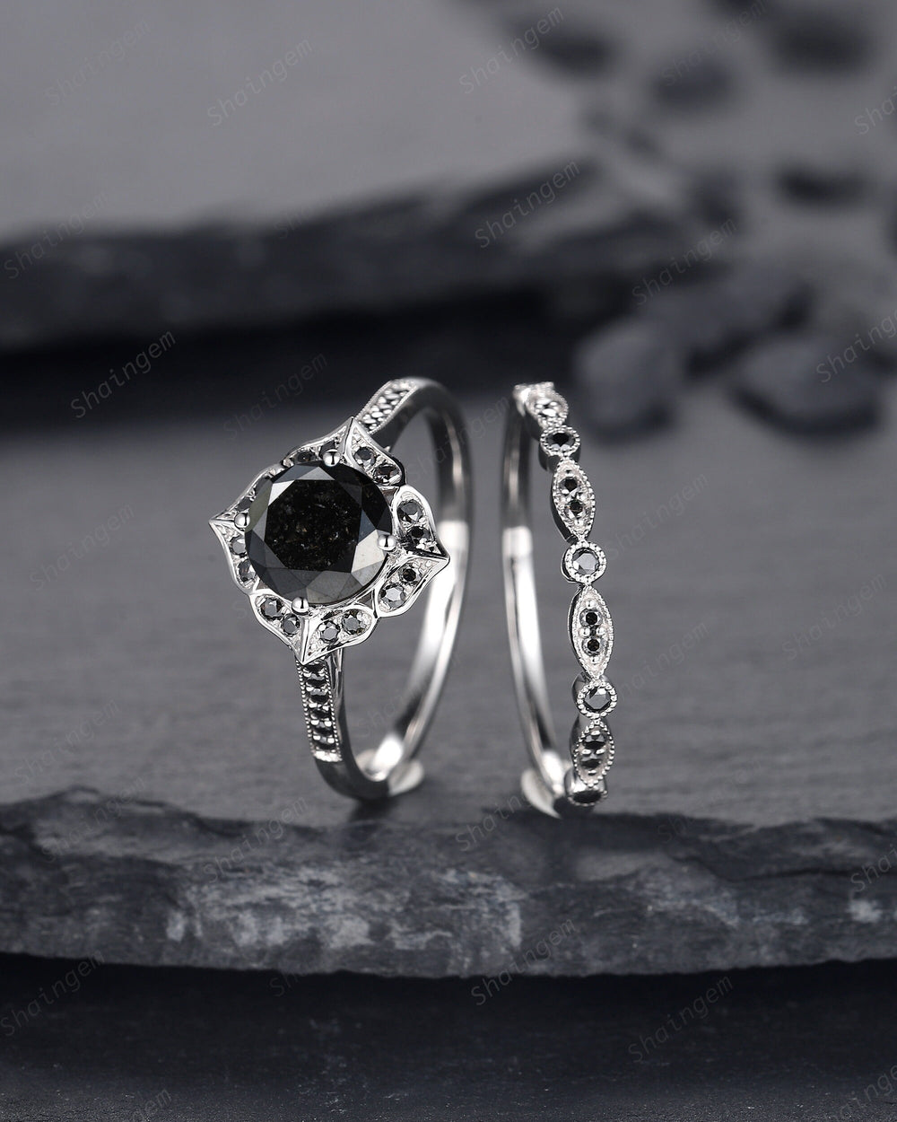 1.5 CT Round Natural Black Diamond Engagement Ring, Unique 18K White Gold Black Diamond Promise Ring Set Halo Wedding Anniversary Ring Women - ShainJewelry
