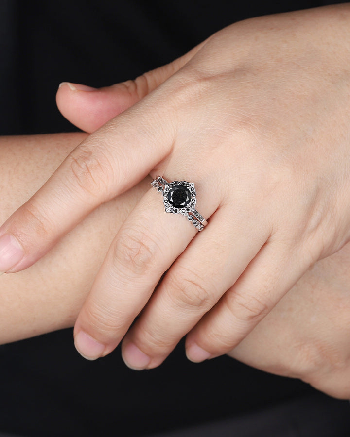 1.5 CT Round Natural Black Diamond Engagement Ring, Unique 18K White Gold Black Diamond Promise Ring Set Halo Wedding Anniversary Ring Women - ShainJewelry