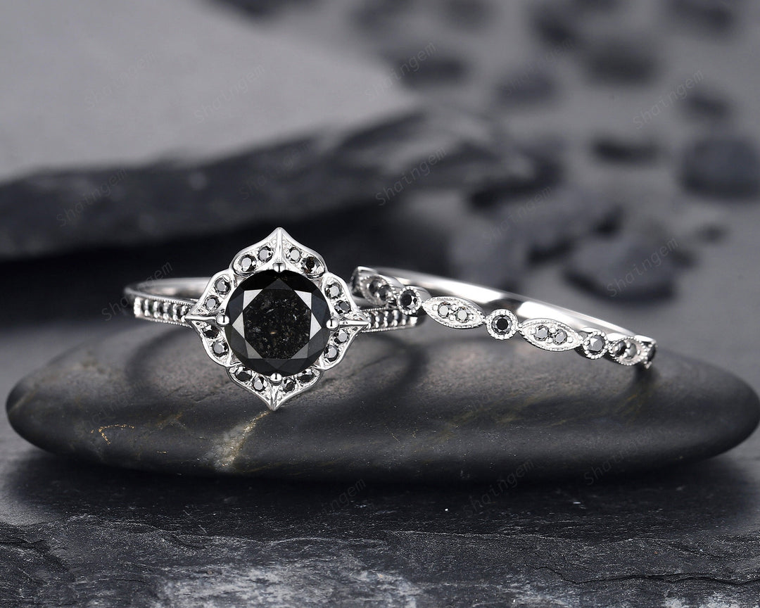 1.5 CT Round Natural Black Diamond Engagement Ring, Unique 18K White Gold Black Diamond Promise Ring Set Halo Wedding Anniversary Ring Women - ShainJewelry